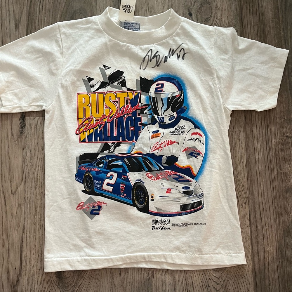Vintage NOS Single Stitch Signed Rusty Wallace White T Shirt Youth Small